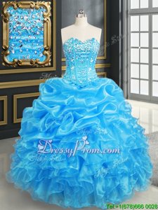 Superior Floor Length Baby Blue Quinceanera Dress Organza Sleeveless Spring and Summer and Fall and Winter Beading and Ruffles and Pick Ups