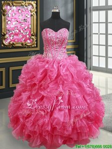 Fine Sleeveless Organza Floor Length Lace Up Quinceanera Dresses inHot Pink forSpring and Summer and Fall and Winter withBeading and Ruffles