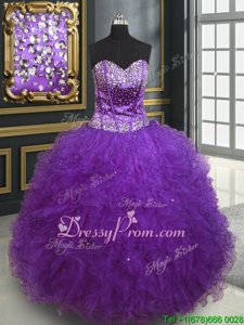 Modern Tulle Sweetheart Sleeveless Lace Up Beading and Ruffles Quinceanera Dress inEggplant Purple