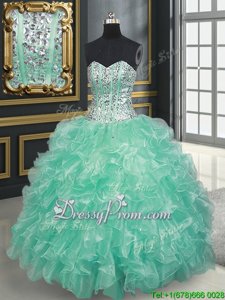 Glamorous Apple Green Ball Gowns Beading and Ruffles Quinceanera Gowns Lace Up Organza Sleeveless Floor Length