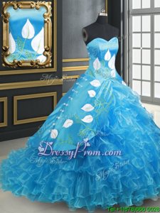 Custom Design Brush Train Ball Gowns Quinceanera Dresses Baby Blue Sweetheart Organza and Taffeta Sleeveless With Train Lace Up