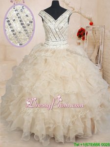 Glorious Champagne Quince Ball Gowns Military Ball and Sweet 16 and Quinceanera and For withBeading and Ruffles and Sequins V-neck Cap Sleeves Zipper