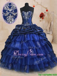 Traditional With Train Lace Up Sweet 16 Quinceanera Dress Royal Blue and In forMilitary Ball and Sweet 16 and Quinceanera withBeading and Ruffled Layers and Pick Ups Brush Train