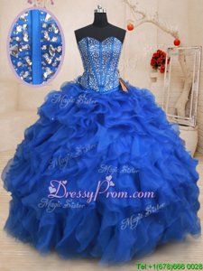 Fashion Sweetheart Sleeveless Quinceanera Gowns Floor Length Beading and Ruffles Royal Blue Organza