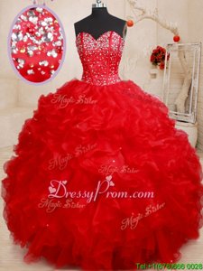 Sumptuous Red Ball Gowns Beading and Ruffles Sweet 16 Dress Lace Up Organza Sleeveless Floor Length