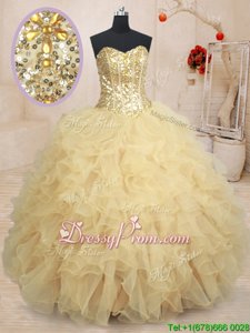 Beauteous Champagne Ball Gowns Sweetheart Sleeveless Organza Floor Length Lace Up Beading and Ruffles and Sequins 15 Quinceanera Dress