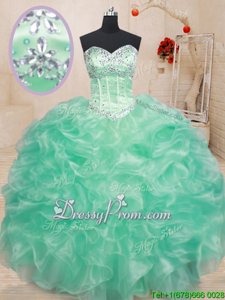 Floor Length Apple Green 15th Birthday Dress Organza Sleeveless Spring and Summer and Fall and Winter Beading and Ruffles