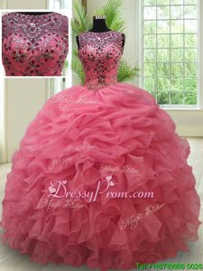 Sweet Watermelon Red Organza Lace Up Bateau Sleeveless Floor Length Quince Ball Gowns Beading and Ruffles and Pick Ups