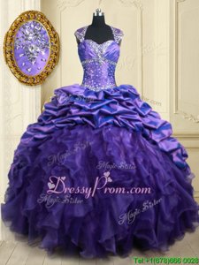 Lovely Spring and Summer and Fall and Winter Organza and Taffeta Cap Sleeves Quince Ball Gowns Brush Train andBeading and Ruffles and Pick Ups