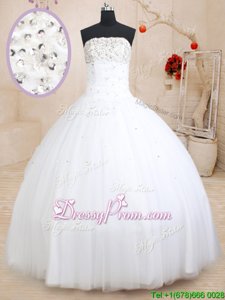 Modest Sleeveless Tulle Floor Length Lace Up Quinceanera Dress inWhite forSpring and Summer and Fall and Winter withBeading