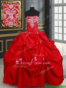 Affordable Red Sleeveless Taffeta Lace Up 15 Quinceanera Dress forMilitary Ball and Sweet 16 and Quinceanera