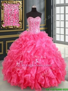 Cheap Hot Pink Lace Up Sweetheart Beading and Ruffles and Sequins Ball Gown Prom Dress Organza Sleeveless