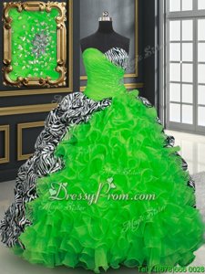 Hot Sale Spring Green Sweet 16 Dresses Organza and Printed Brush Train Sleeveless Spring and Summer and Fall and Winter Beading and Ruffles and Pick Ups