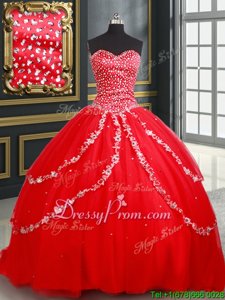 Red Lace Up Quince Ball Gowns Beading and Appliques Sleeveless
