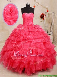 Top Selling Organza Sweetheart Sleeveless Lace Up Beading and Ruffles and Sequins and Hand Made Flower Sweet 16 Quinceanera Dress inCoral Red