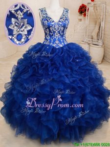 Flirting Royal Blue Sleeveless Organza Backless Ball Gown Prom Dress forMilitary Ball and Sweet 16 and Quinceanera