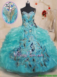 Spectacular Sweetheart Sleeveless Zipper Quinceanera Gown Teal Organza