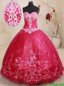 Superior Coral Red Sweetheart Neckline Beading and Appliques and Embroidery 15th Birthday Dress Sleeveless Lace Up