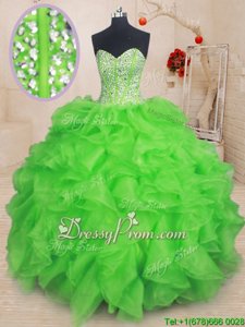 Customized Spring Green Sleeveless Floor Length Beading and Ruffles Lace Up 15th Birthday Dress
