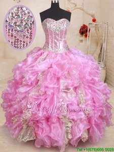 Adorable Sleeveless Lace Up Floor Length Beading and Ruffles and Sequins Sweet 16 Dresses