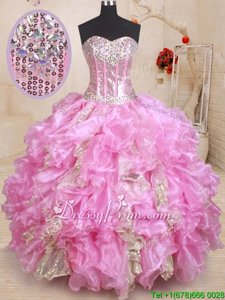 Adorable Sleeveless Lace Up Floor Length Beading and Ruffles and Sequins Sweet 16 Dresses