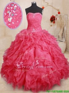 Luxurious Floor Length Ball Gowns Sleeveless Coral Red Vestidos de Quinceanera Lace Up