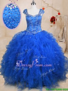 Glittering Blue Ball Gowns Tulle Straps Cap Sleeves Beading and Ruffles Floor Length Lace Up Quinceanera Dresses