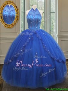 Customized Royal Blue Ball Gowns High-neck Sleeveless Tulle Floor Length Lace Up Beading and Appliques 15th Birthday Dress