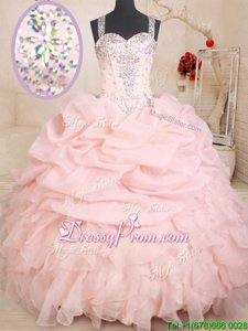 Ideal Ball Gowns Sweet 16 Dresses Baby Pink Straps Organza Sleeveless Floor Length Zipper