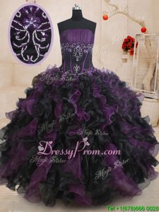 Stylish Black And Purple Organza Lace Up Quinceanera Dress Sleeveless Floor Length Beading and Ruffles