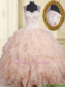 Glittering Champagne Organza Zipper Straps Cap Sleeves Floor Length Quince Ball Gowns Beading and Ruffles