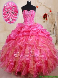 Unique Hot Pink Ball Gowns Organza Sweetheart Sleeveless Beading and Ruffles and Pick Ups Floor Length Lace Up Quince Ball Gowns
