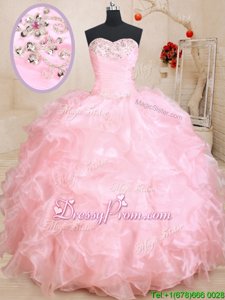 Trendy Sleeveless Lace Up Floor Length Beading and Ruffles Quinceanera Gowns