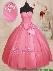 Luxury Watermelon Red Sweetheart Lace Up Beading and Bowknot Quince Ball Gowns Sleeveless
