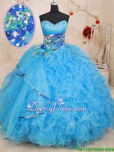 Most Popular Ball Gowns Quinceanera Dresses Baby Blue Sweetheart Organza Sleeveless Floor Length Lace Up