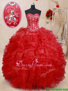 Sexy Sleeveless Floor Length Beading and Ruffles Lace Up 15 Quinceanera Dress with Red