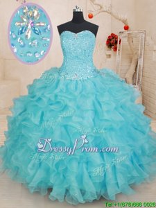 Romantic Sleeveless Floor Length Beading and Ruffles Lace Up Ball Gown Prom Dress with Aqua Blue