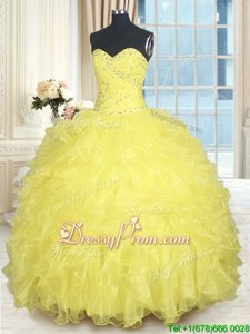 Chic Organza Sweetheart Sleeveless Lace Up Beading and Ruffles 15th Birthday Dress inYellow