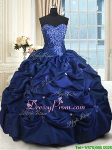 Wonderful Sweetheart Sleeveless Quinceanera Gown Floor Length Appliques and Pick Ups Navy Blue Taffeta