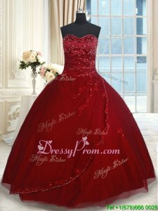 Most Popular Beading and Appliques Quince Ball Gowns Wine Red Lace Up Sleeveless Floor Length