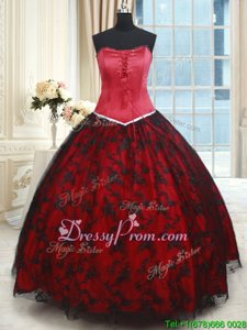 Cheap Black and Red Strapless Lace Up Lace 15 Quinceanera Dress Sleeveless