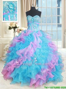 Amazing Aqua Blue and Lilac Sleeveless Floor Length Beading and Appliques and Ruffles Lace Up Quinceanera Gown