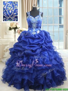 Custom Design Spring and Summer and Fall and Winter Organza Sleeveless Floor Length Ball Gown Prom Dress andBeading and Ruffles and Pick Ups