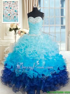 Wonderful Sweetheart Sleeveless 15 Quinceanera Dress Floor Length Beading and Ruffles Royal Blue and Aqua Blue Organza