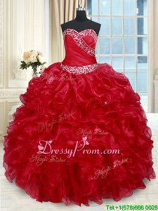 Fancy Red Ball Gowns Sweetheart Sleeveless Organza Floor Length Lace Up Beading and Ruffles Vestidos de Quinceanera