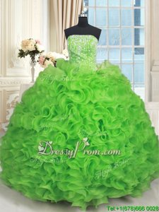Fashionable Spring Green Lace Up Strapless Beading and Ruffles 15 Quinceanera Dress Organza Sleeveless