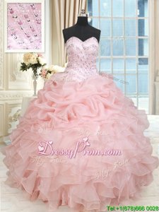 Custom Design Baby Pink Sweet 16 Quinceanera Dress Military Ball and Sweet 16 and Quinceanera and For withBeading and Ruffles and Pick Ups Sweetheart Sleeveless Lace Up