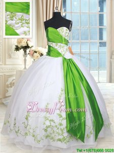 White and Green Lace Up 15 Quinceanera Dress Embroidery and Belt and Hand Made Flower Sleeveless Floor Length