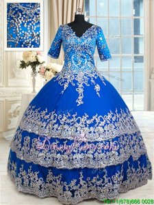 Beautiful Royal Blue Quinceanera Dress Military Ball and Sweet 16 and Quinceanera and For withBeading and Lace and Ruffled Layers V-neck Half Sleeves Zipper