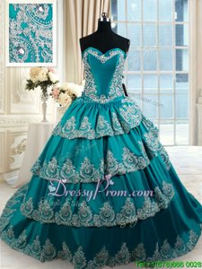 Best Floor Length Lace Up Vestidos de Quinceanera Teal and In forMilitary Ball and Sweet 16 and Quinceanera withBeading and Embroidery and Ruffled Layers